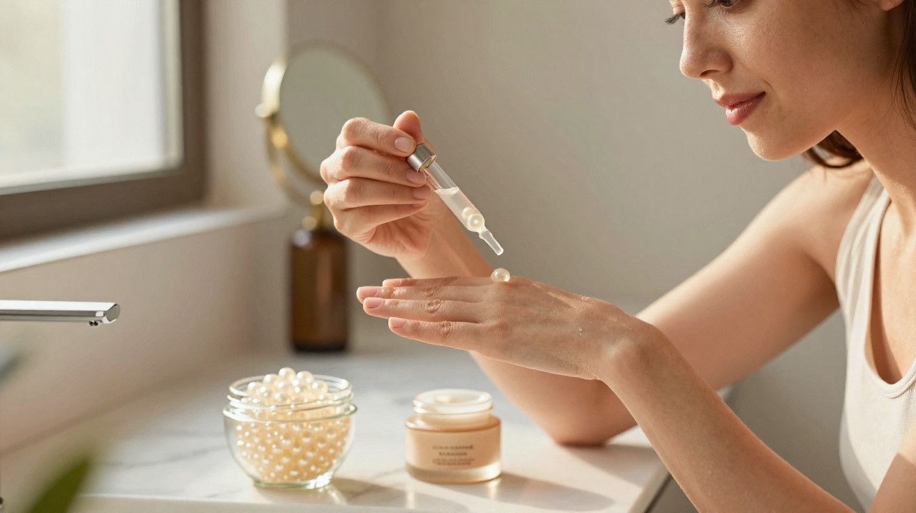 Mulher a aplicar soro facial na mão num ambiente luminoso e tranquilo junto a uma janela.