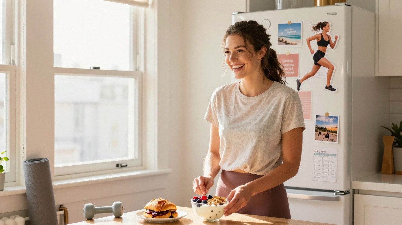 Mulher sorridente a preparar pequeno-almoço saudável numa cozinha luminosa junto a janela grande.
