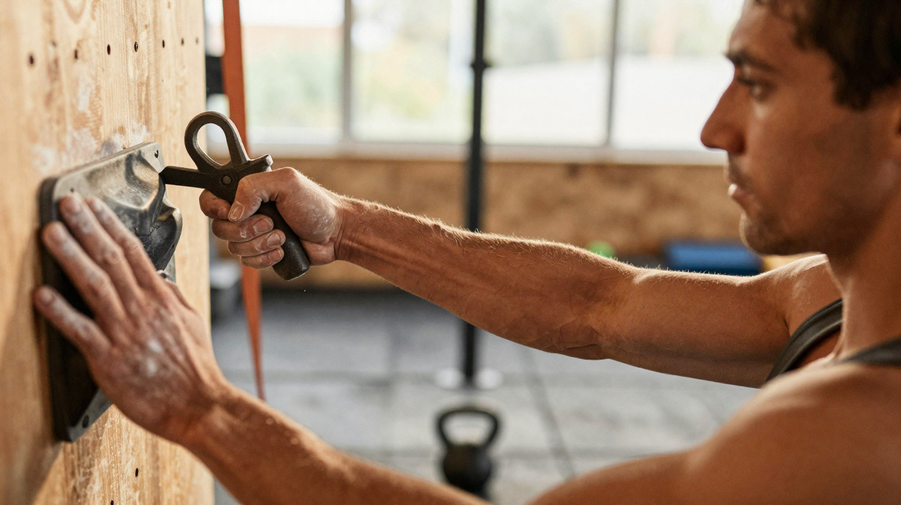 Homem musculado em ginásio a usar pegada de treino para escalar parede de madeira.