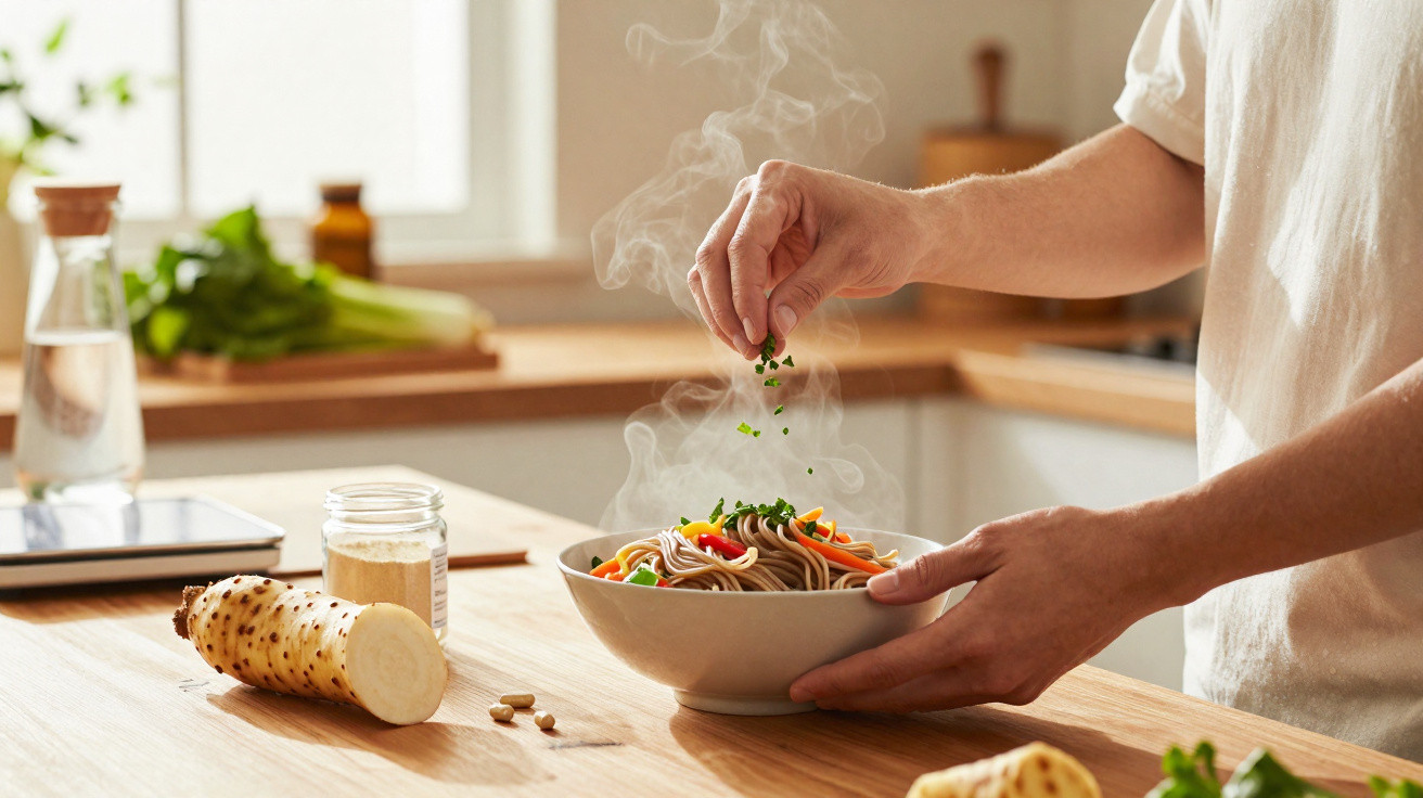 Pessoa a polvilhar ervas frescas numa taça com noodles e legumes cozinhados numa cozinha iluminada.