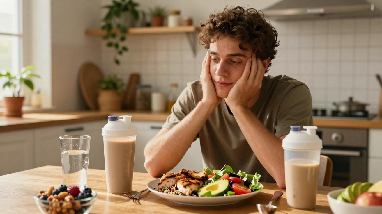 Jovem sentado à mesa da cozinha com prato de comida saudável e dois copos de batido protéico à frente.
