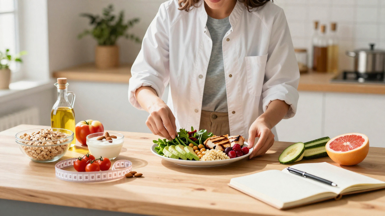 Pessoa a preparar prato saudável com vegetais, frutas e grão-de-bico numa cozinha moderna.