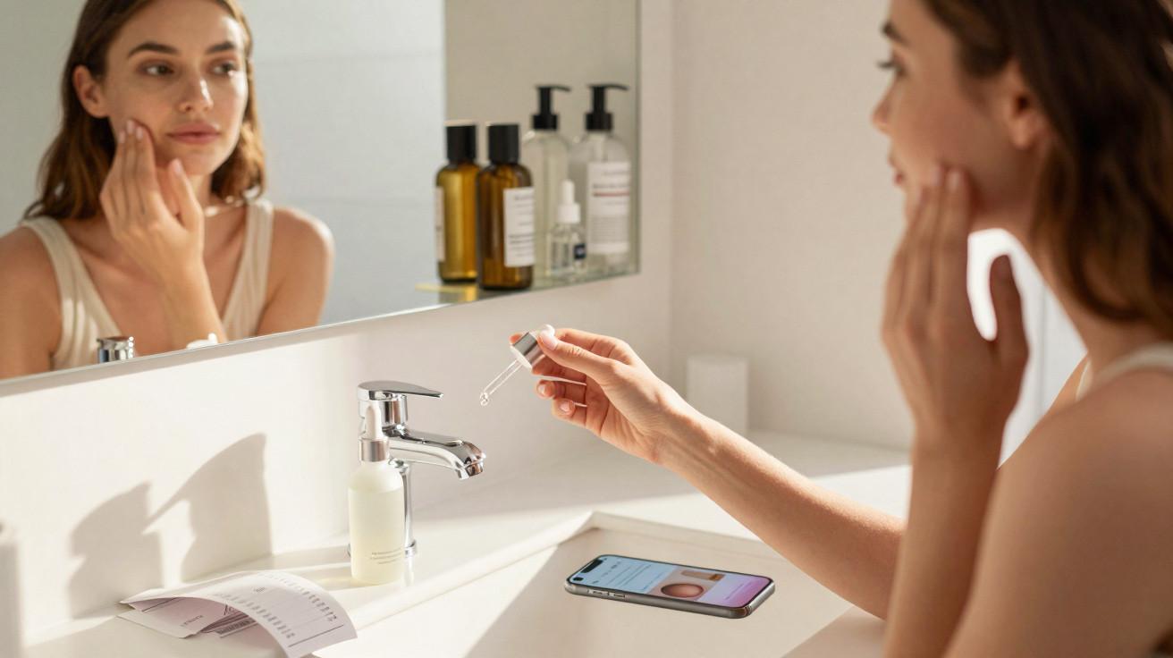 Mulher a aplicar sérum facial num lavatório com garrafas de cosméticos e telemóvel à sua frente.