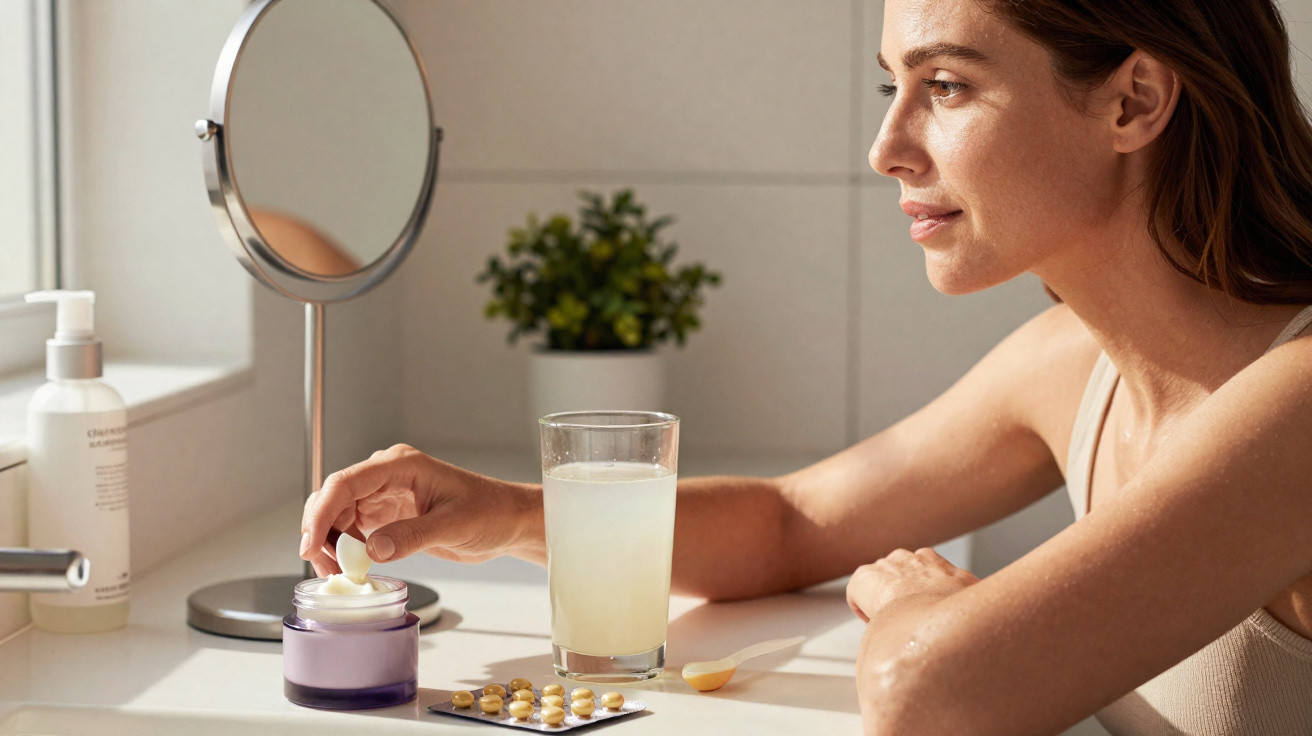Mulher a aplicar creme no rosto sentada numa mesa com suplementos e copo de bebida.