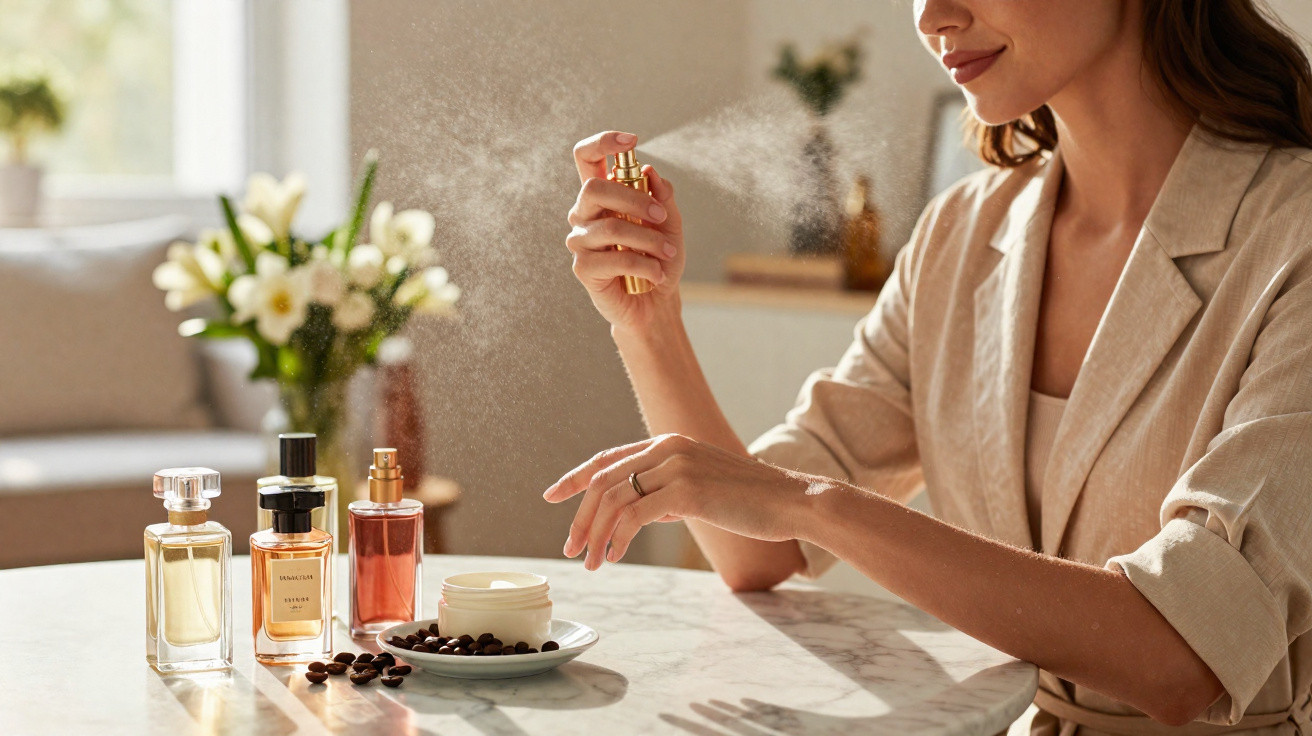 Mulher a aplicar perfume no pulso numa mesa com frascos de perfume e grãos de café.