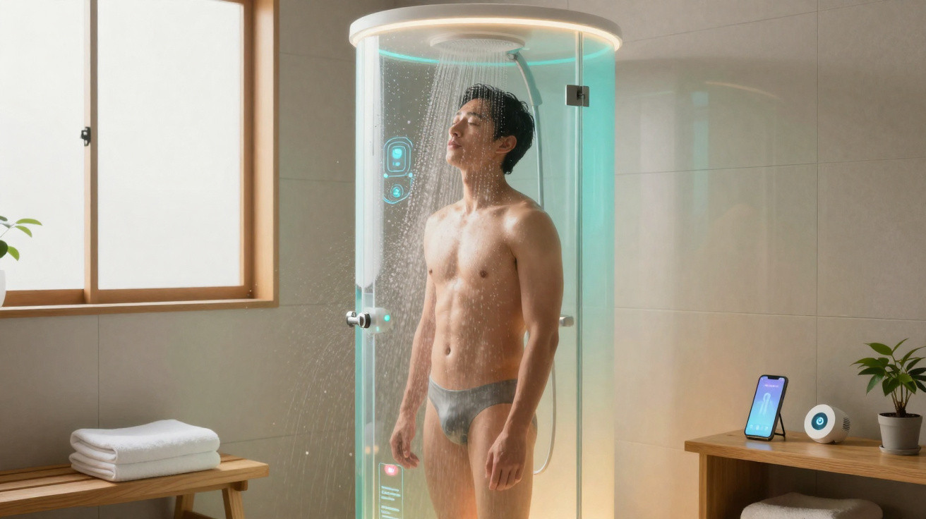 Homem a tomar duche num chuveiro de vidro moderno com luzes LED numa casa de banho minimalista.