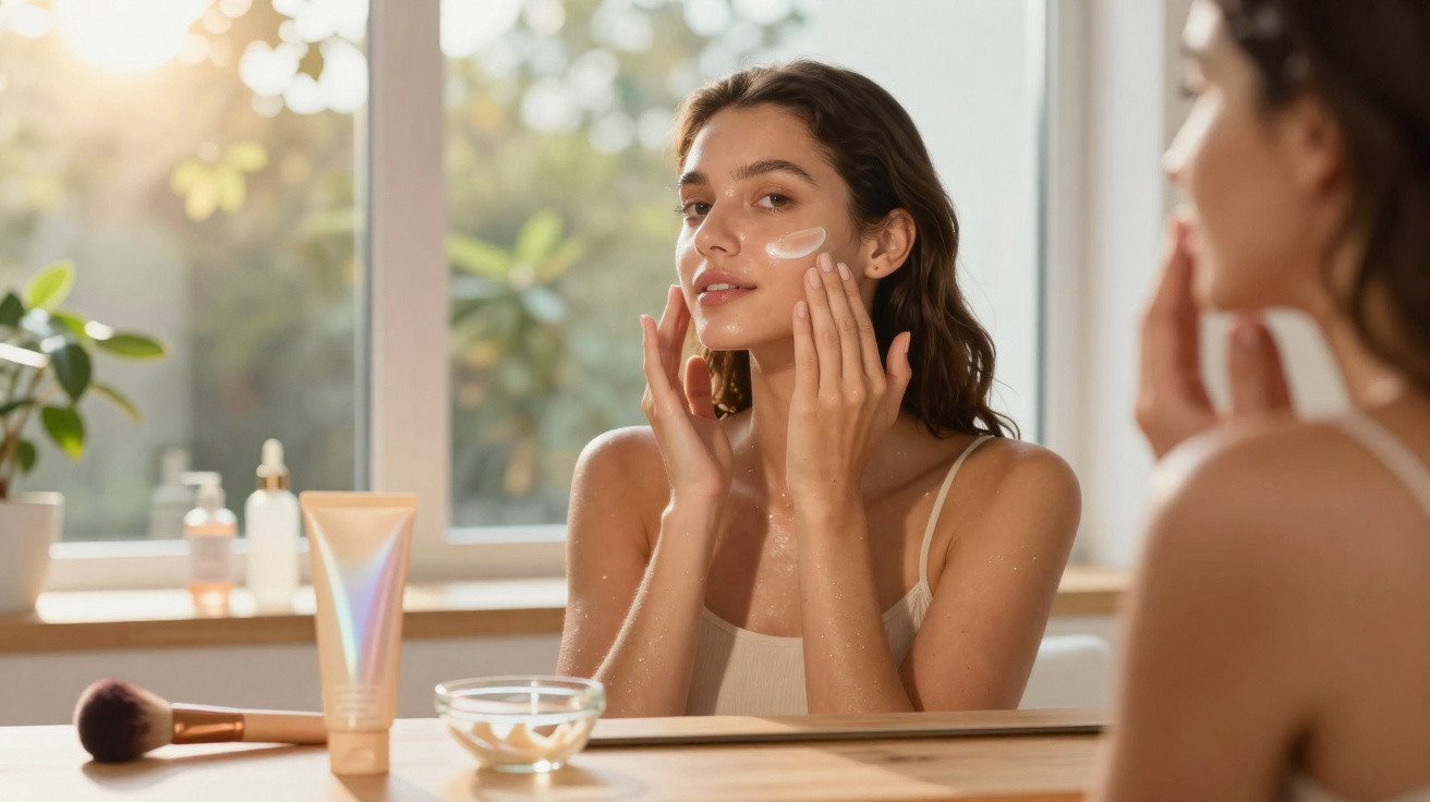Mulher a aplicar creme hidratante no rosto em frente a um espelho com luz natural suave.
