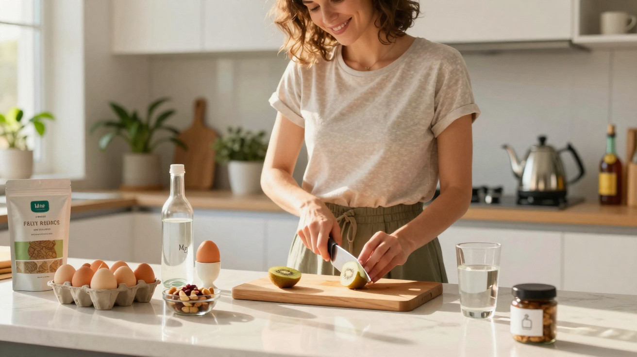 Mulher a cortar kiwi numa tábua na cozinha moderna com vários ingredientes na bancada.