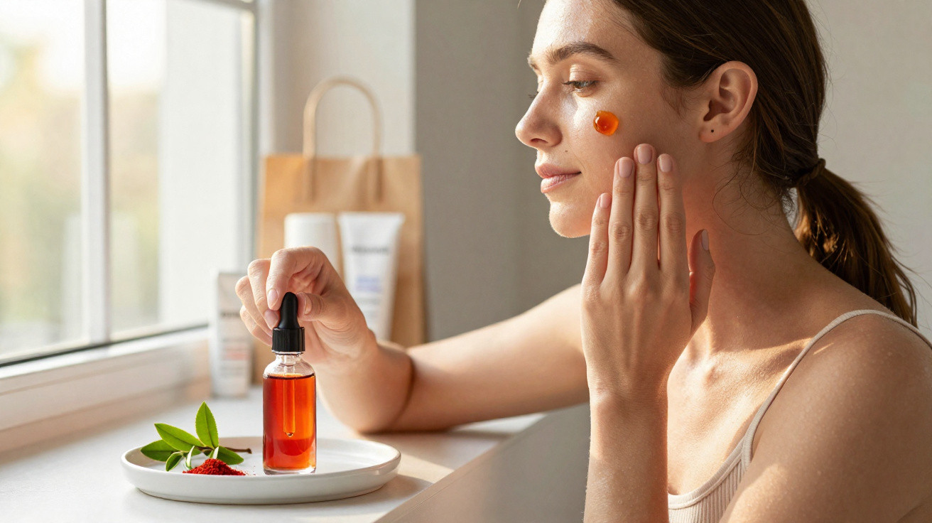 Mulher aplica sérum facial laranja numa bochecha junto a janela, com produtos de cuidados de pele na mesa.