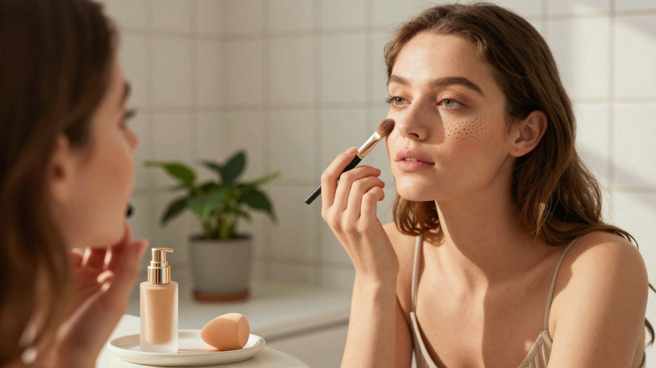 Mulher a aplicar maquilhagem com pincel, olhando para espelho num ambiente iluminado e minimalista.