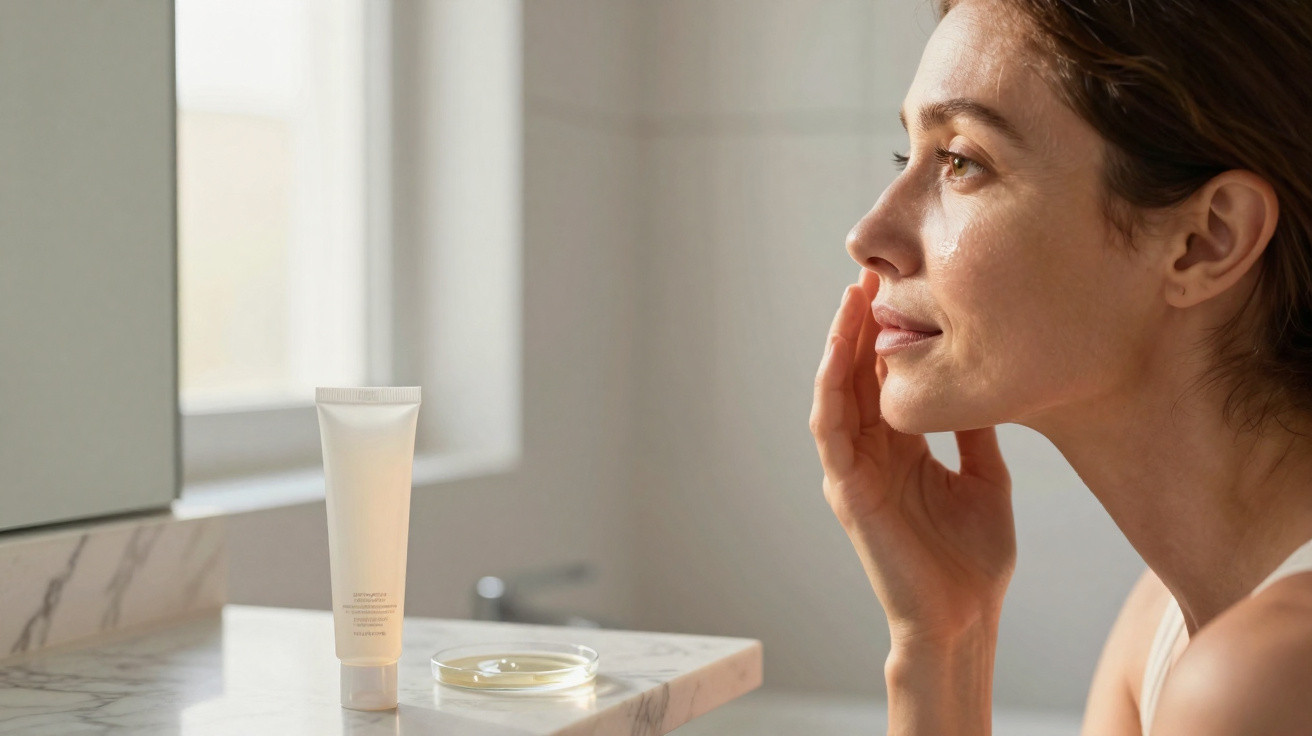 Mulher a aplicar creme facial junto a uma bancada de mármore com embalagem de produto e pote aberto.