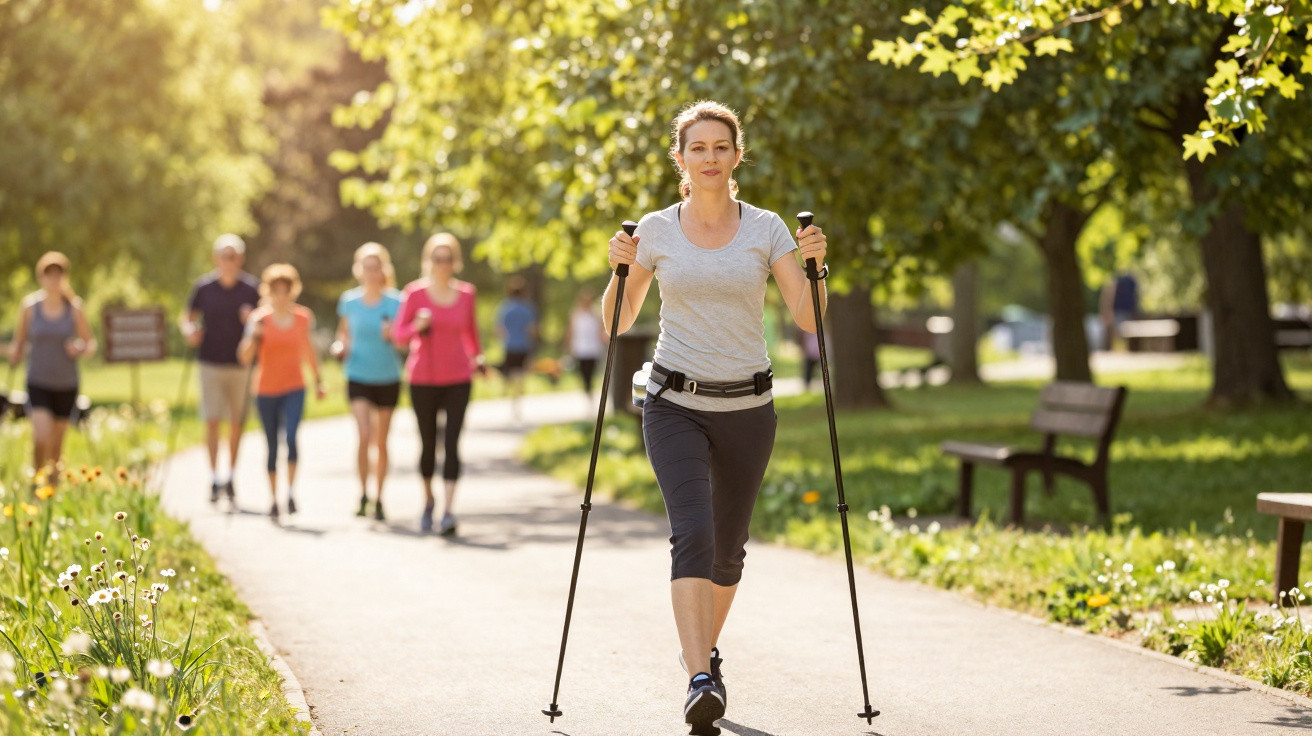 Mulher a praticar caminhada nórdica num parque ensolarado enquanto outras pessoas caminham ao fundo.