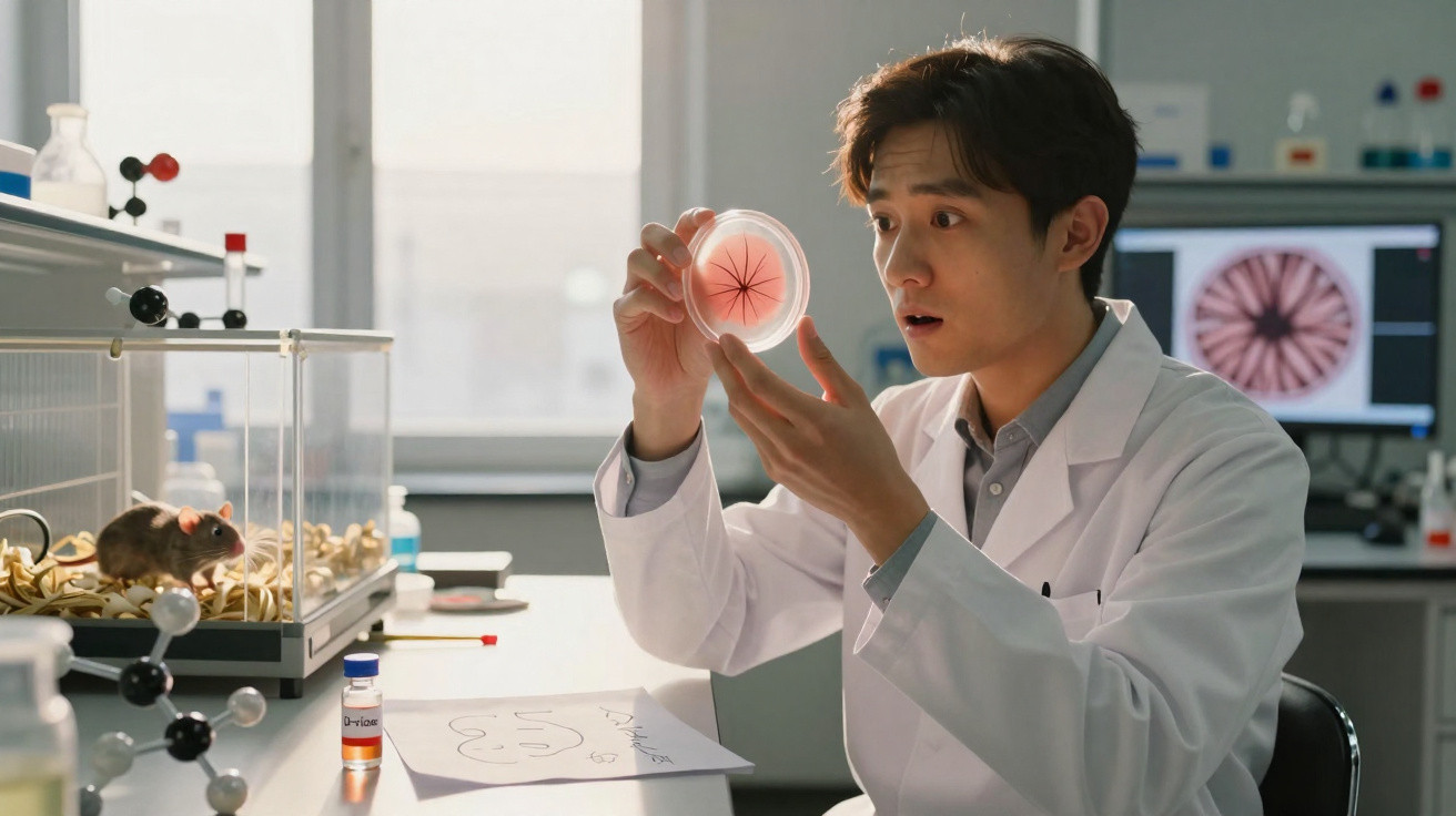 Cientista de bata branca observa com atenção cultura em placa de Petri num laboratório moderno.