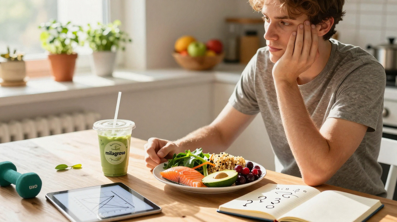 Jovem sentado à mesa com prato de comida saudável, batido verde, tablet e caderno aberto.