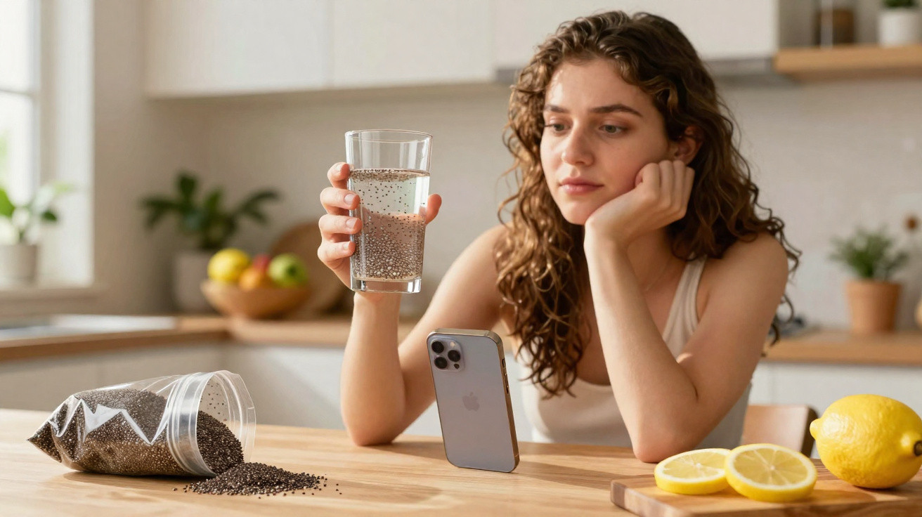 Mulher sentada na cozinha a observar copo com semente de chia, com limões e sementes espalhadas na mesa.