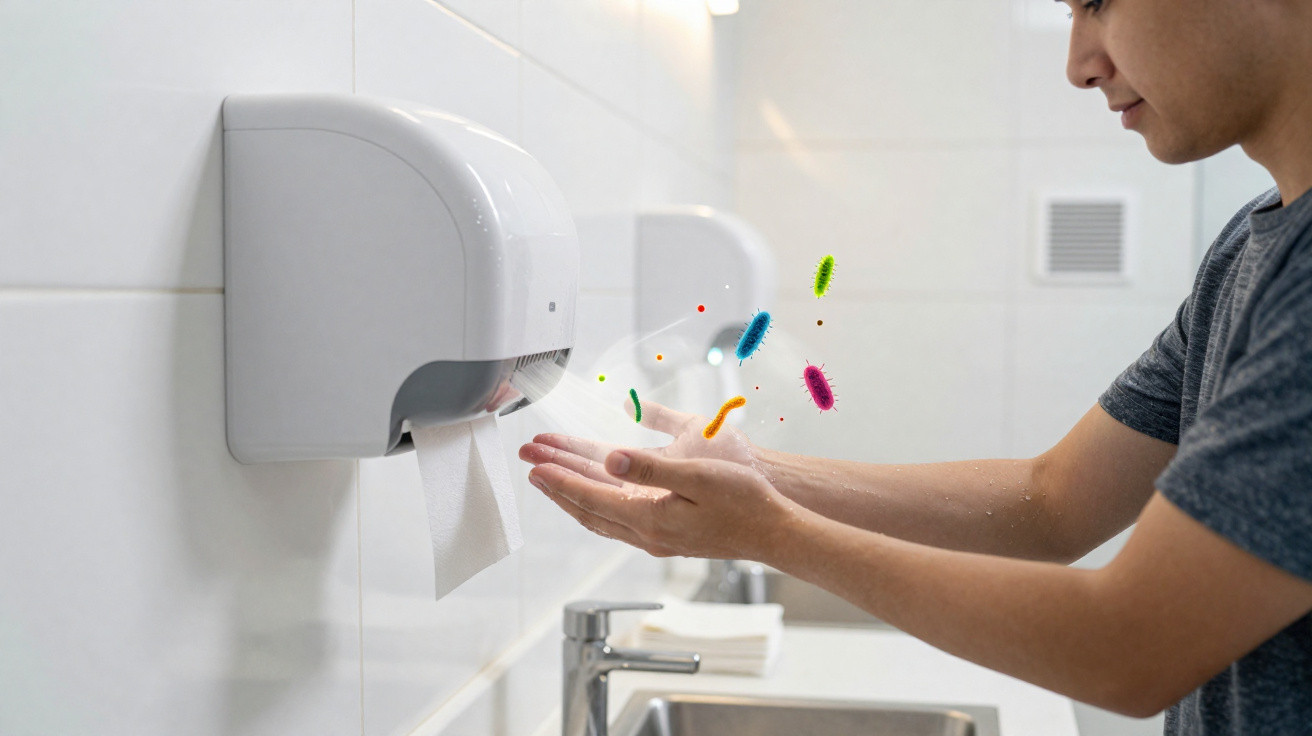 Pessoa a secar as mãos num secador automático com bactérias visíveis em destaque.