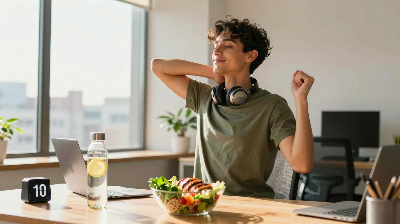 Jovem a espreguiçar-se sorridente numa mesa de escritório com salada, garrafa de água e computador portátil.