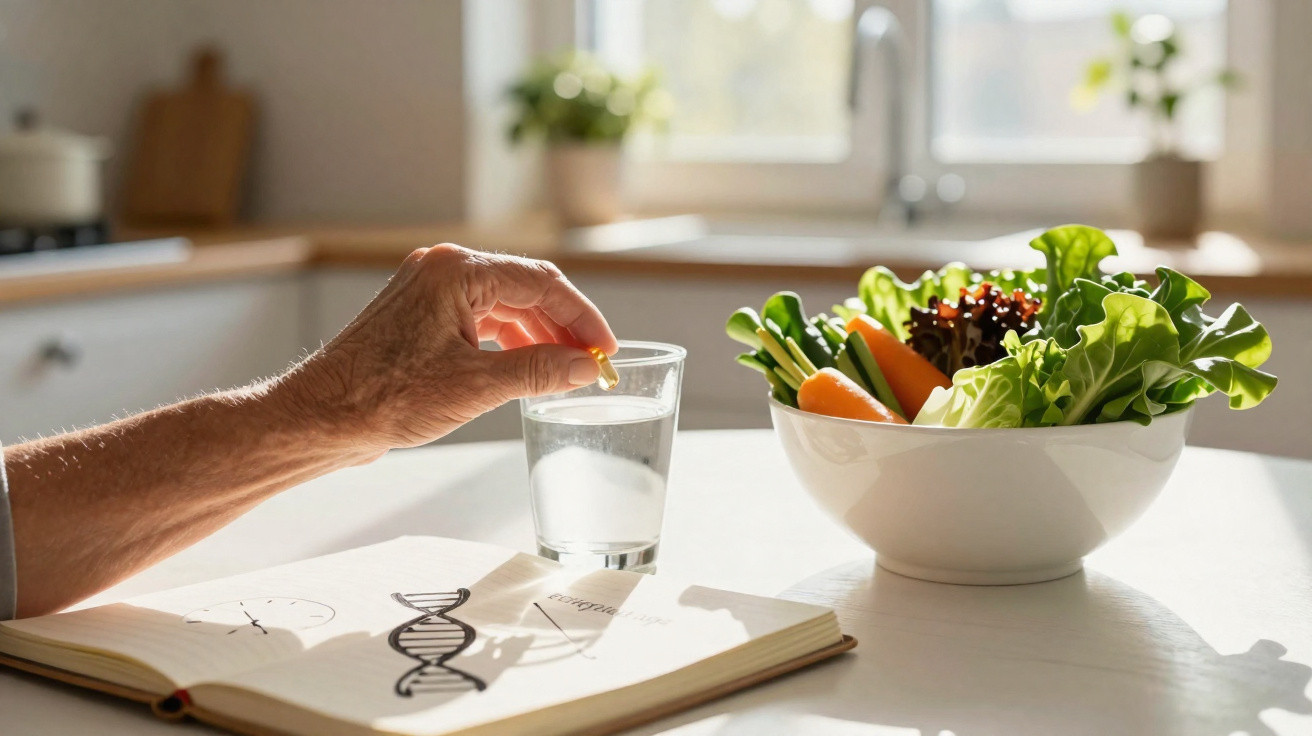 Mão envelhecida a colocar suplemento num copo de água, com prato de legumes e livro de ciência numa mesa.