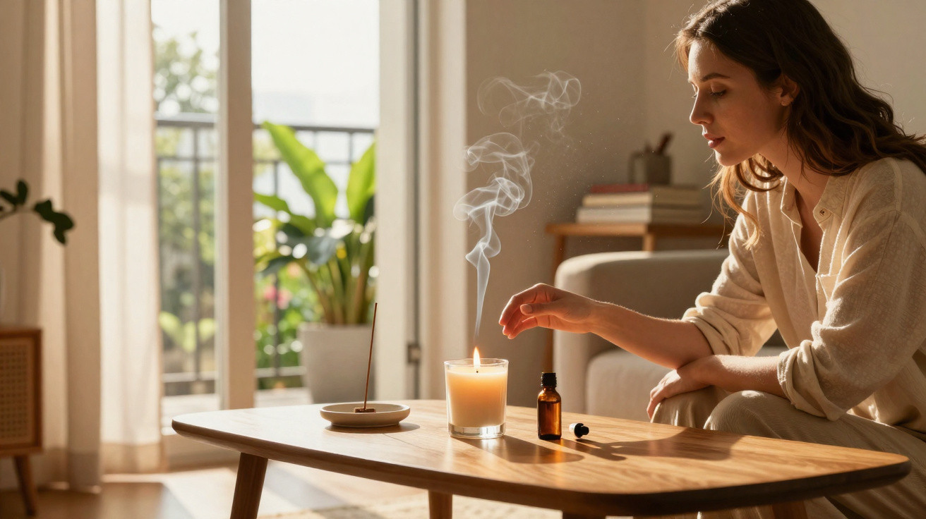 Mulher acende vela perfumada numa sala luminosa com planta e incenso na mesa de madeira.