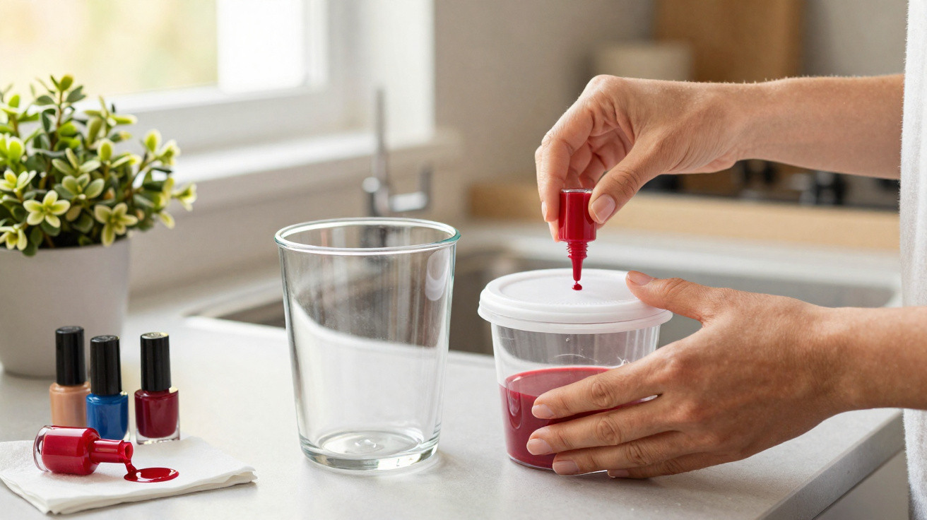 Mãos a misturar verniz de unhas vermelho num recipiente transparente numa cozinha iluminada.