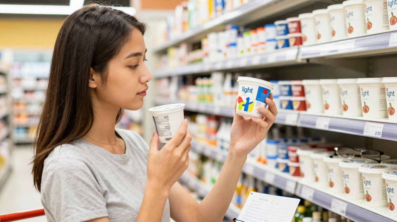 Mulher jovem compara potes de iogurte light numa prateleira de supermercado.