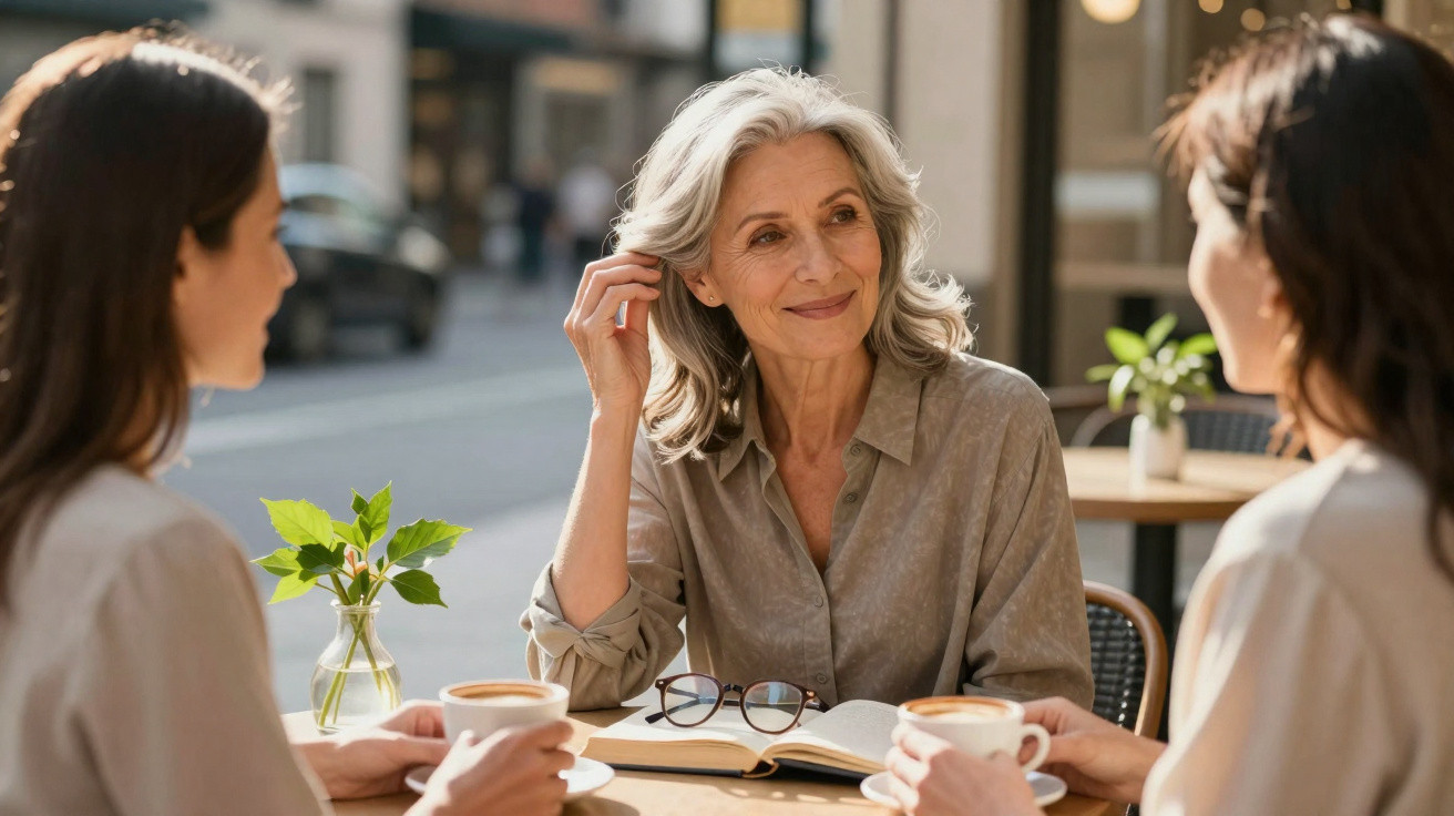 Três mulheres conversam numa esplanada, com café, livro aberto e expressão serena e atenciosa.
