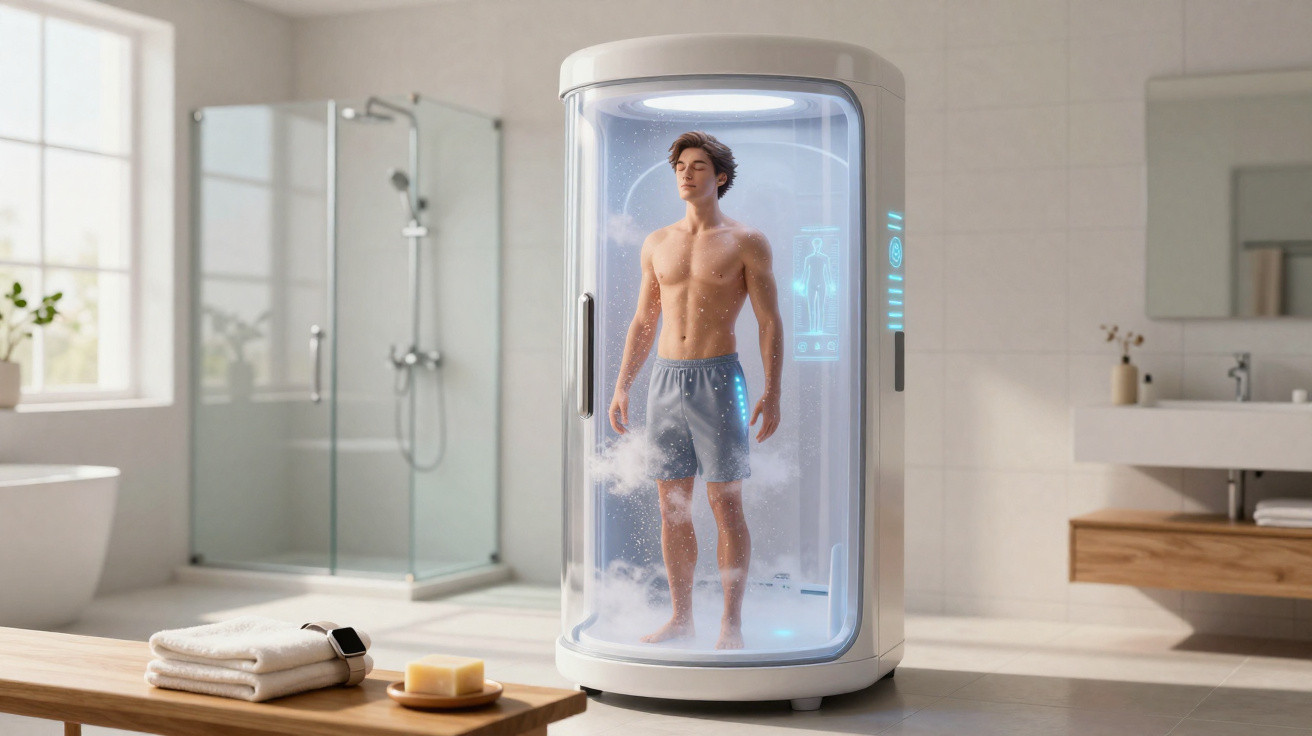 Homem dentro de cabine futurista de bem-estar numa casa de banho moderna, rodeado por vapor.