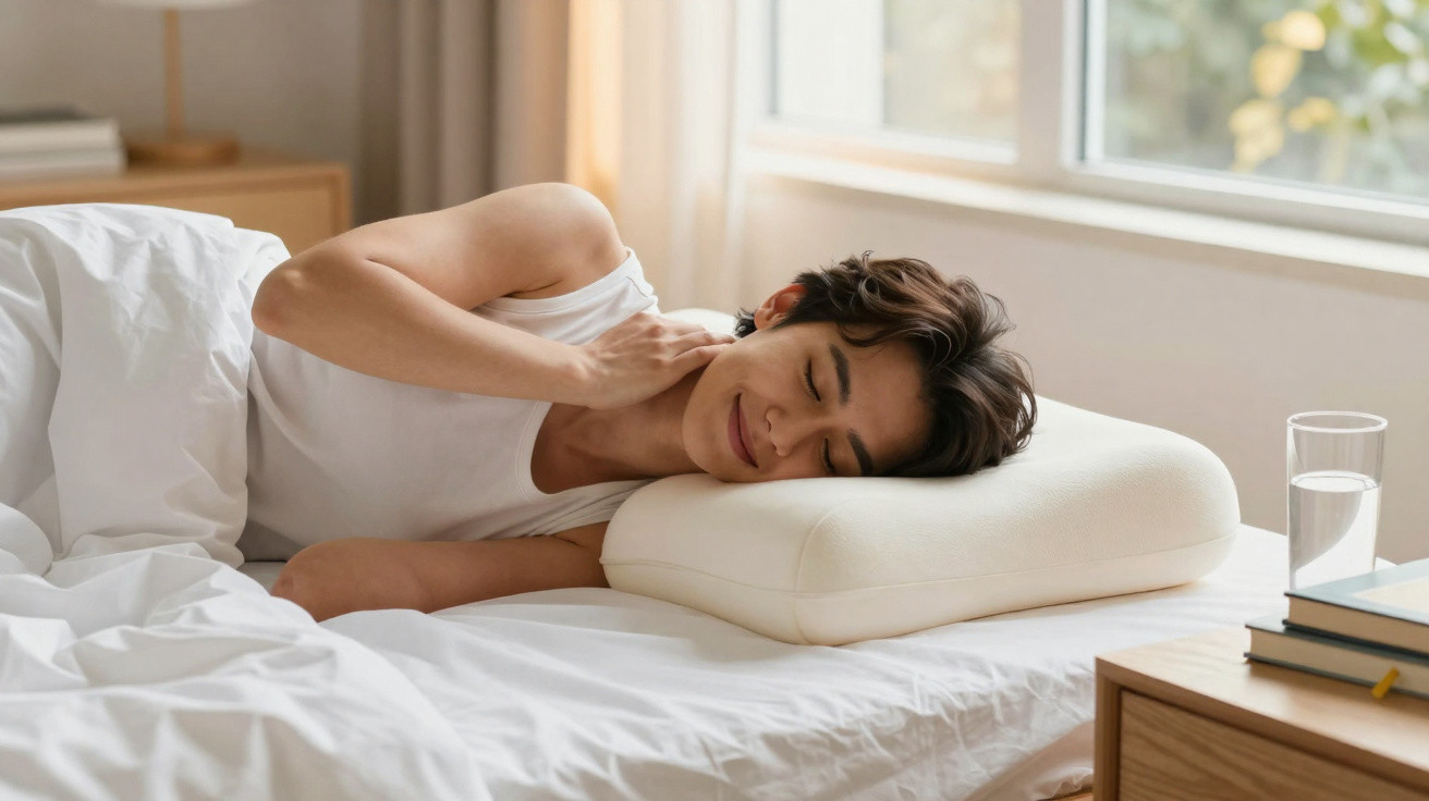 Pessoa a dormir confortavelmente de lado numa cama com almofada ergonómica, junto a uma mesa de cabeceira.