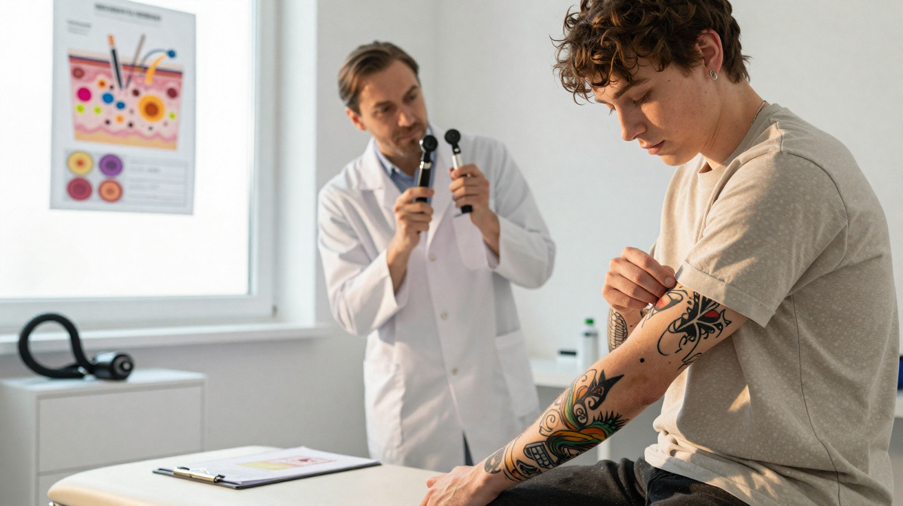 Jovem com tatuagens no braço a ser examinado por médico em consulta num consultório clínico.