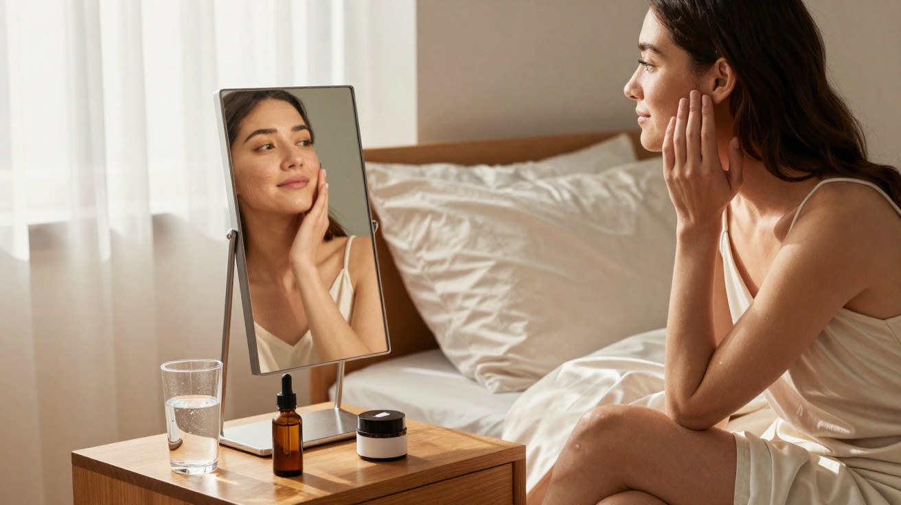 Mulher sentada na cama a cuidar da pele, olhando o reflexo num espelho de mesa com frascos de cosméticos.