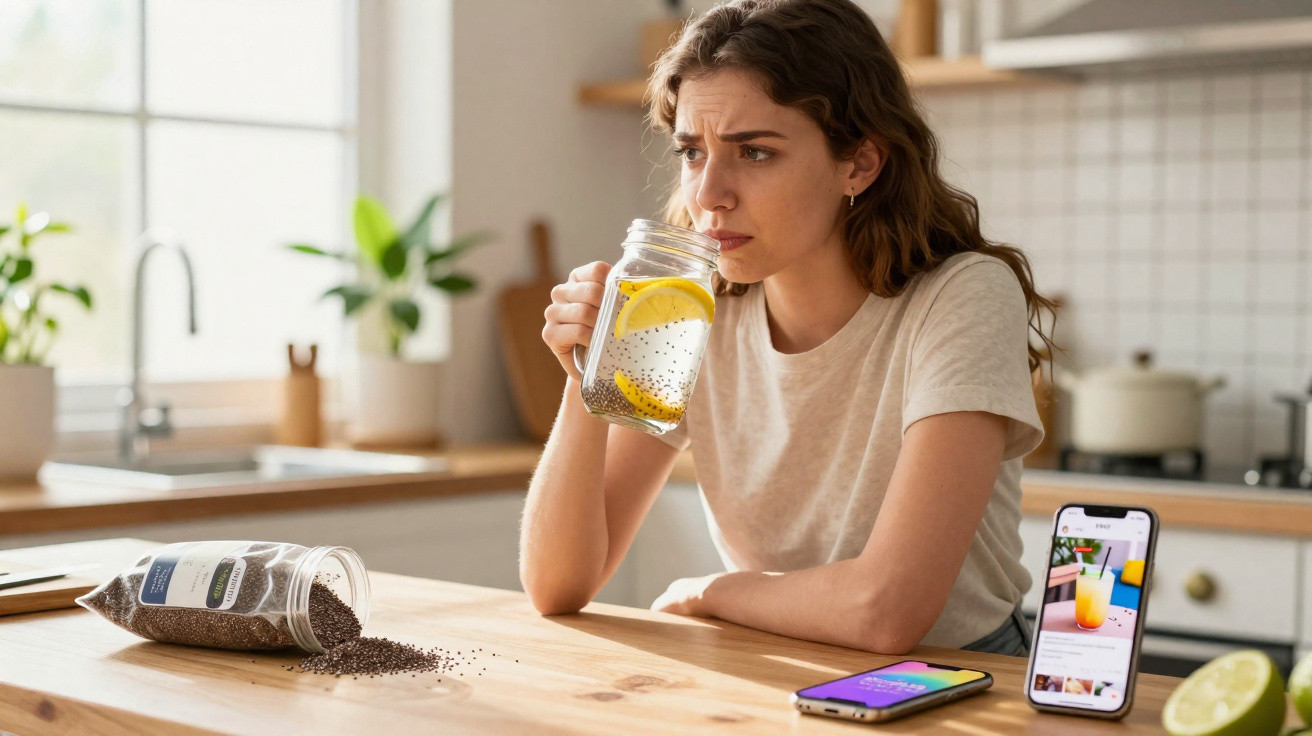 Mulher com expressão de dúvida bebendo água com limão e sementes de chia numa cozinha moderna.