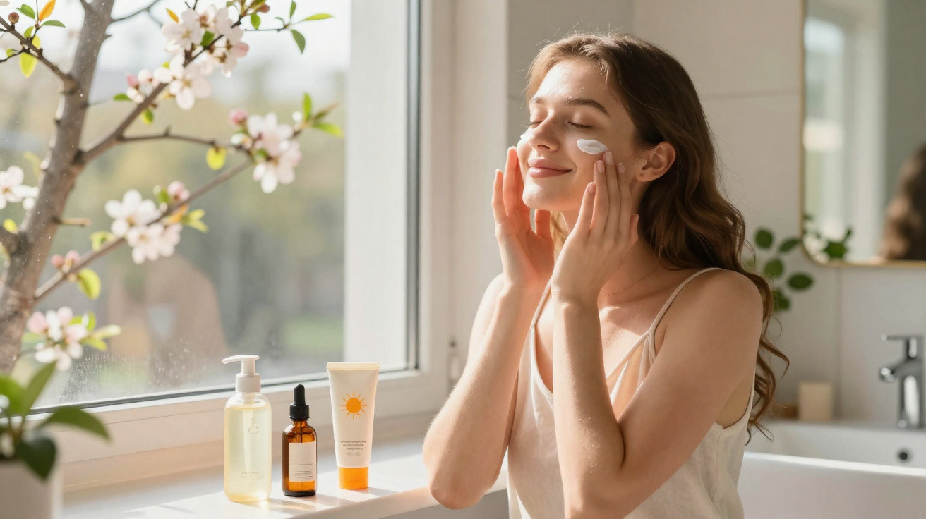 Mulher a aplicar creme facial perto de janela com luz natural e produtos de cuidados da pele.