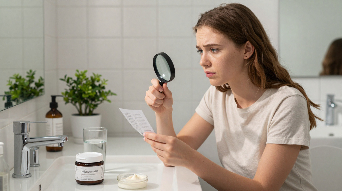 Mulher jovem lê rótulo de cosmético com lupa no interior de casa, sentada junto a lavatório.