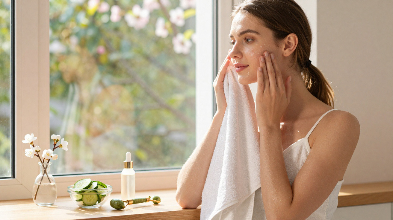 Jovem a cuidar da pele junto à janela, com toalha e produtos naturais, incluindo pepino e óleo facial.