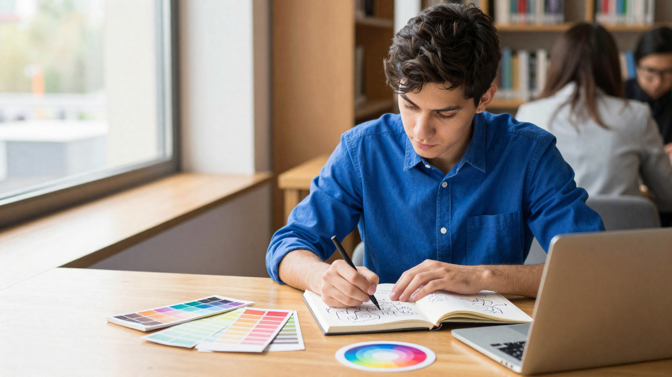 Jovem a desenhar num caderno, com amostras de cores e computador portátil numa mesa perto da janela.