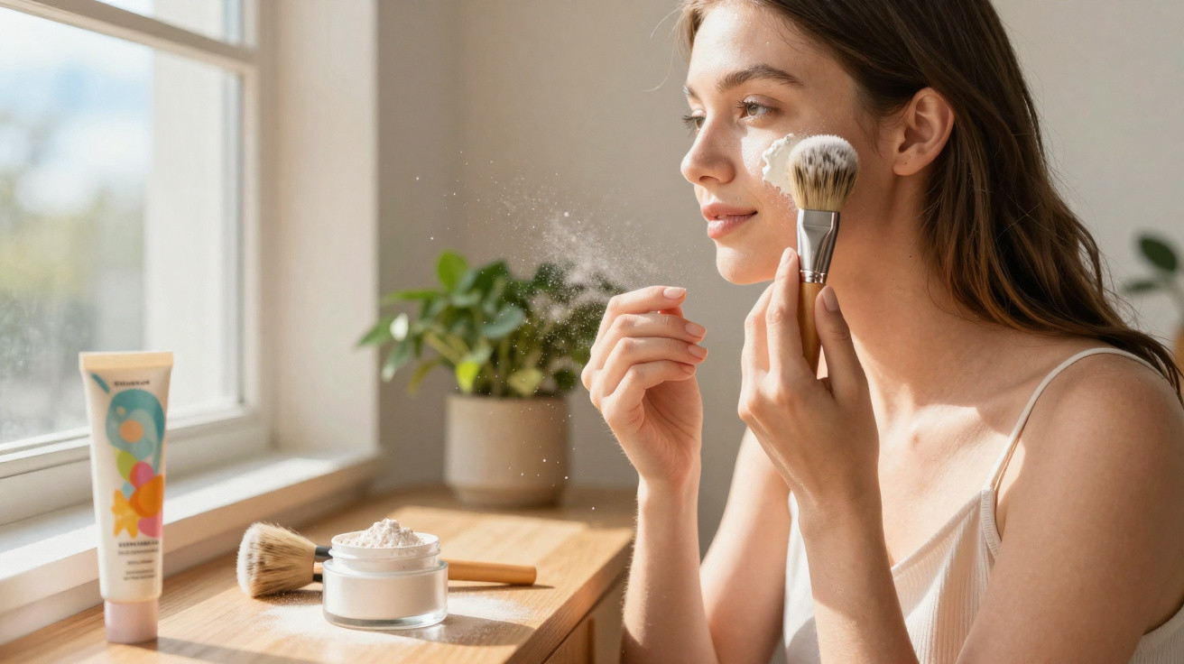 Mulher aplica pó facial com pincel num quarto iluminado com planta e produtos de maquilhagem na mesa.