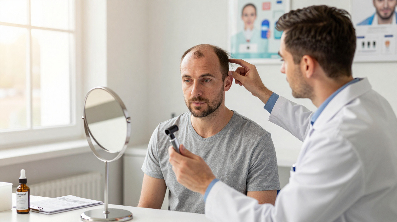 Homem com calvície a ser examinado no couro cabeludo por dermatologista numa consulta.