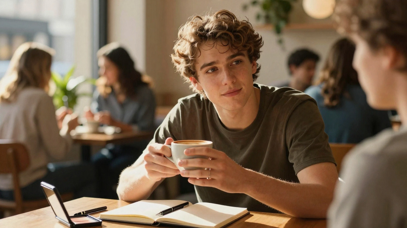 Jovem sentado à mesa de café, segurando chávena de café, com caderno e caneta à frente.
