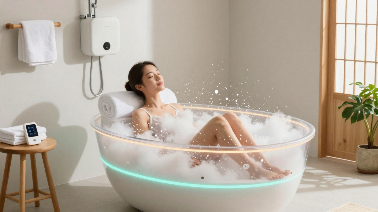 Mulher relaxa numa banheira moderna de espuma numa casa de banho luminosa e minimalista.