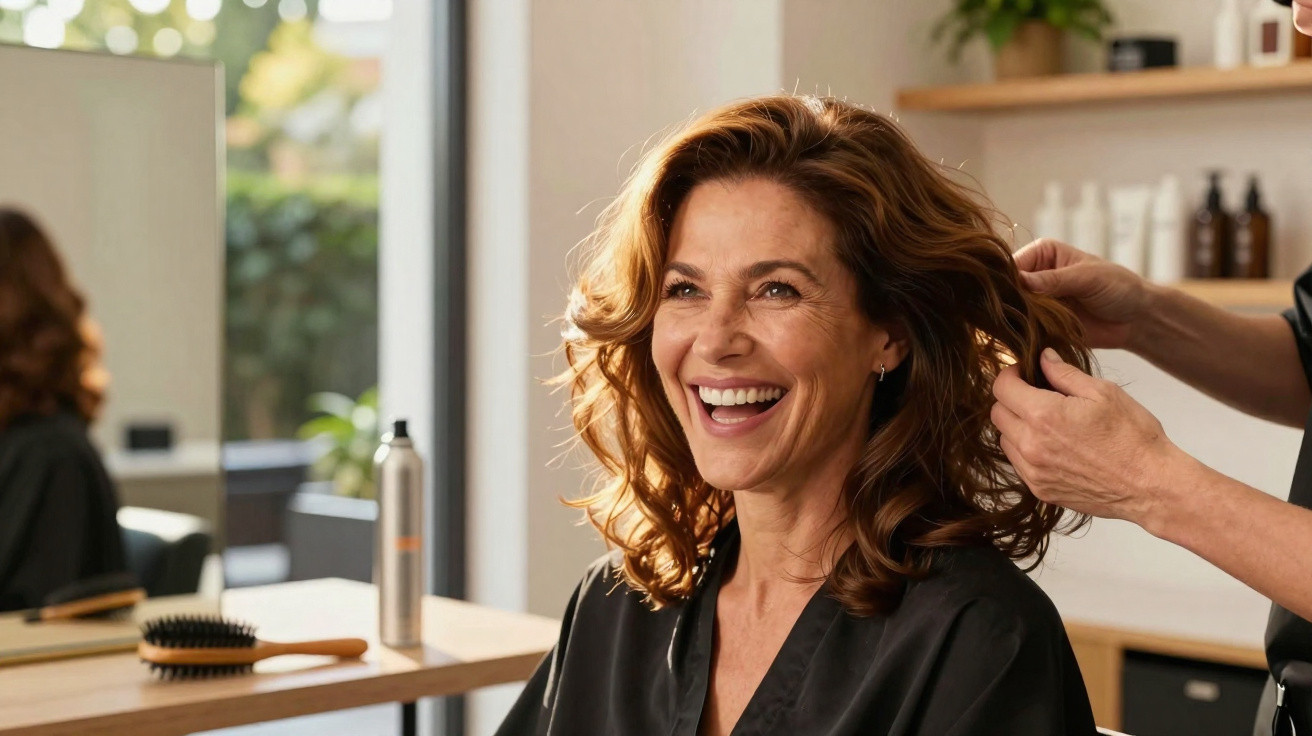 Mulher sorridente a receber tratamento de cabelo num salão de cabeleireiro iluminado e moderno.