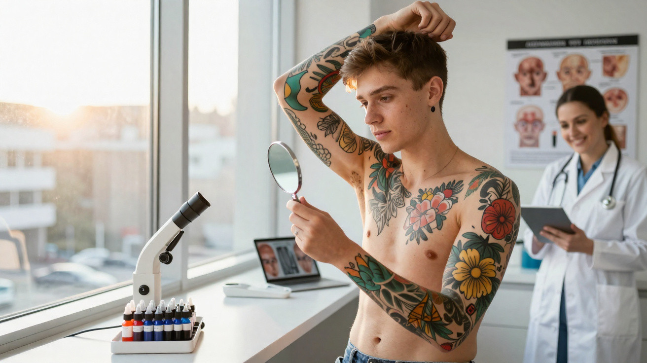 Jovem com tatuagens coloridas observa cabelo ao espelho em clínica, enquanto médica sorri ao fundo.