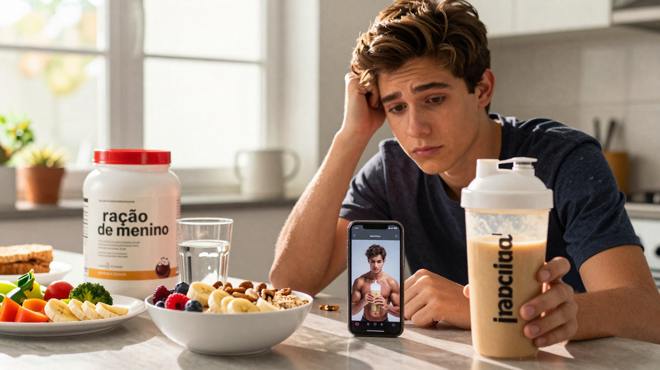Homem jovem sentado à mesa com batido protéico, olhando preocupado para telemóvel que mostra fitness influencer.
