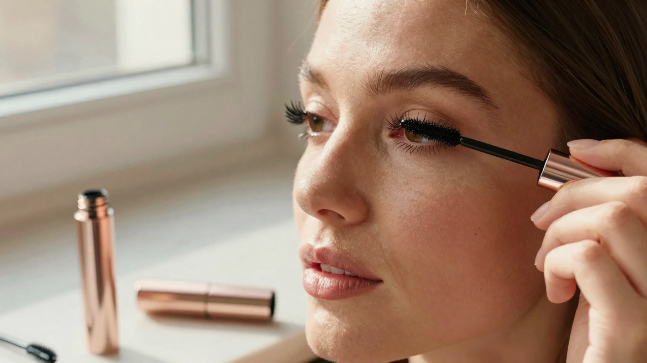 Mulher a aplicar mascara de pestanas perto da janela com embalagem rose gold no fundo.