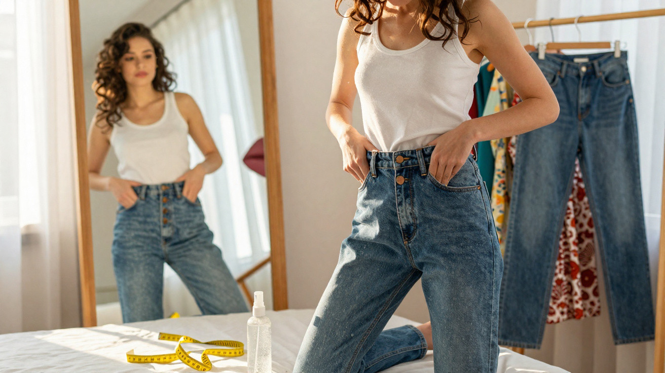 Mulher experimenta jeans junto a espelho, com fita métrica e roupa pendurada ao fundo.