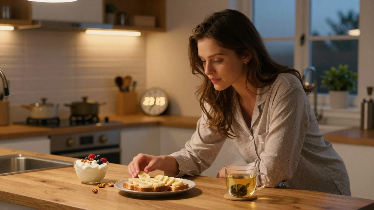 Mulher em pijama prepara sanduíche com banana na cozinha iluminada ao entardecer.