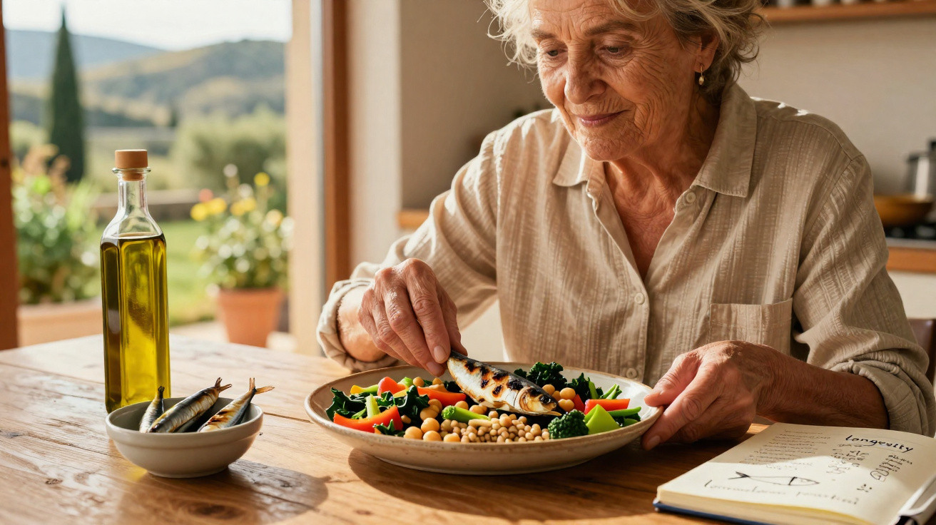 Mulher idosa a preparar refeição saudável com peixe grelhado e legumes num prato à mesa junto a janela.