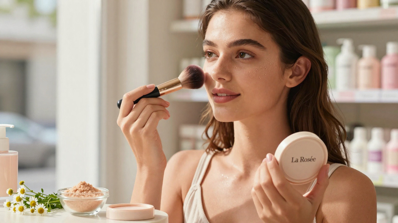 Mulher jovem aplica pó compacto com pincel, rodeada de produtos de maquilhagem numa prateleira.