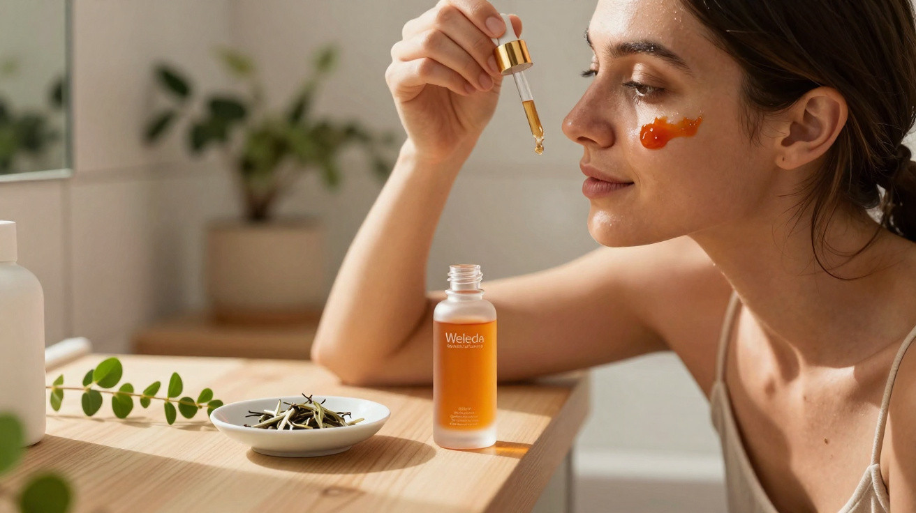 Mulher aplica sérum facial com conta-gotas, com frasco do produto e folhas sobre mesa de madeira.