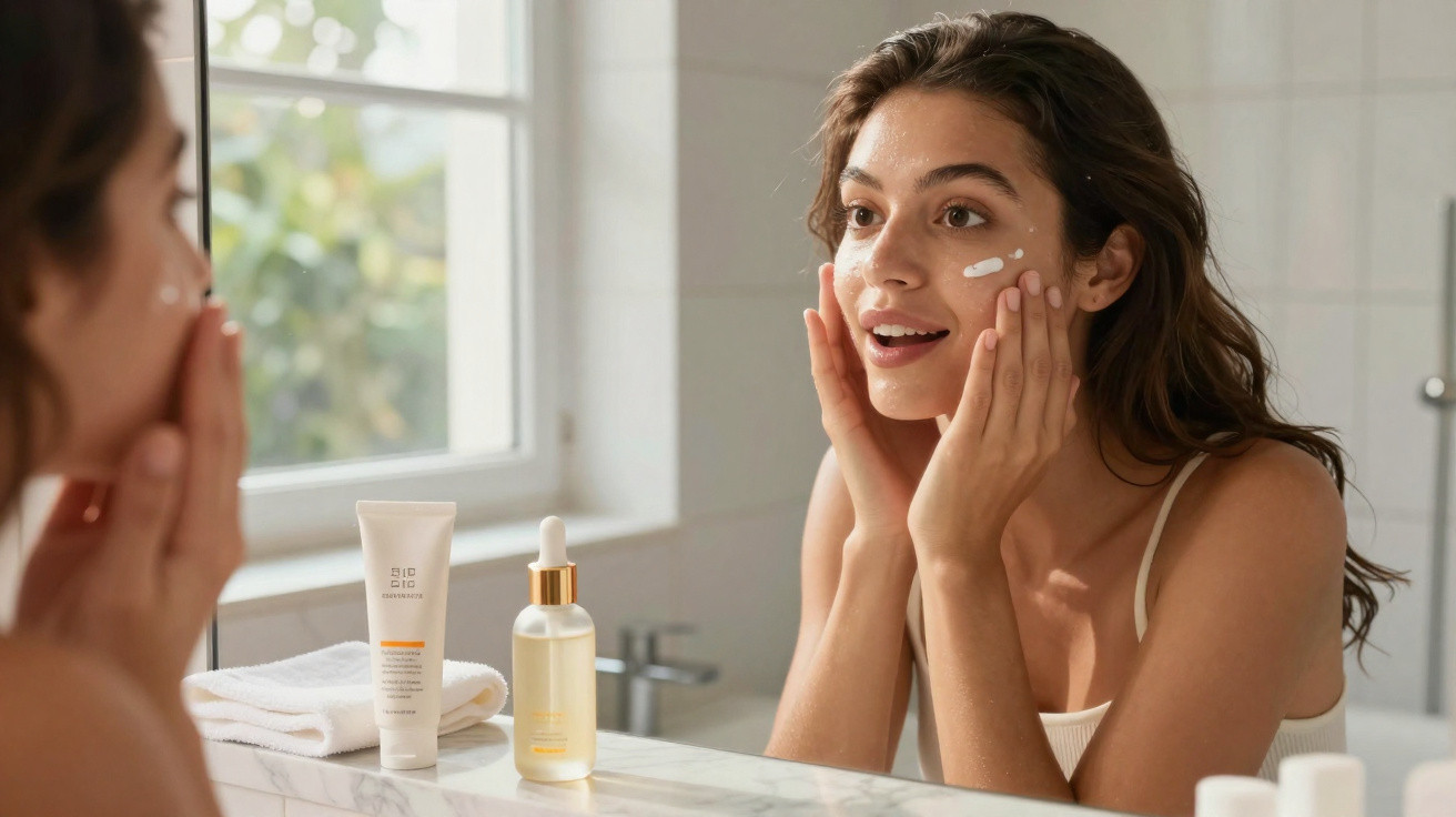 Mulher aplica creme facial junto a espelho em casa, com produtos de cuidados de pele na bancada.