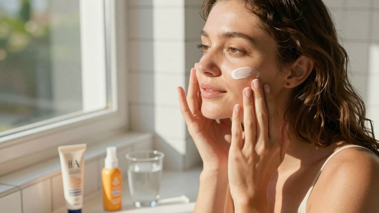 Mulher a aplicar creme hidratante facial perto de janela, com frascos de produtos de cuidados de pele ao fundo.